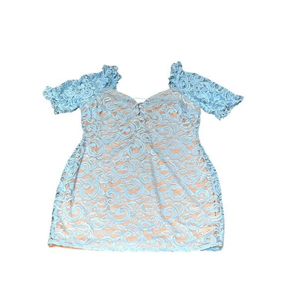 Venus 1X Sky Blue Lace Mini Dress Sheer Bodycon Fit Scalloped Sleeve Glamcore - Picture 12 of 12